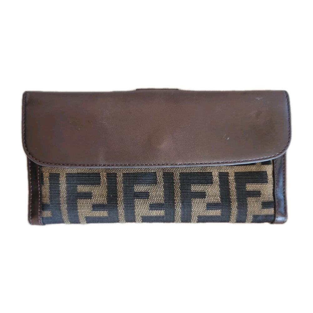 Authentic FENDI Zucca Canvas Leather W Hook Long Wallet Brown Used Read